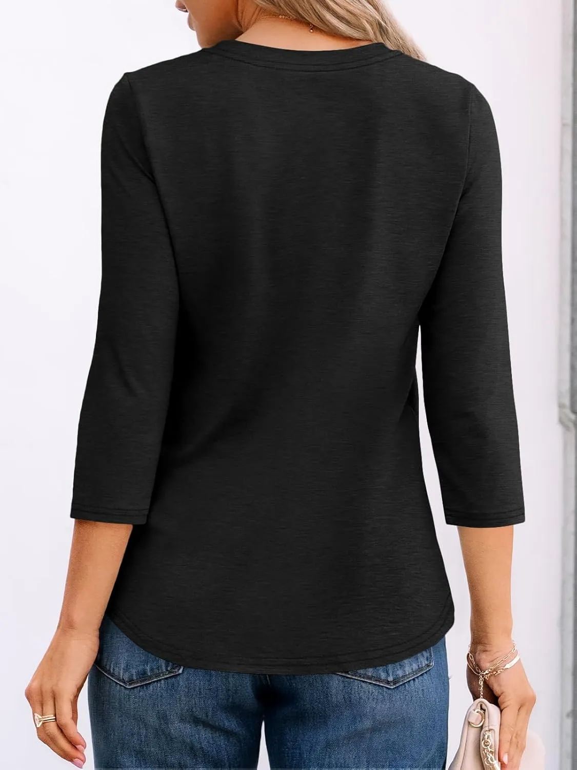 AUTOMET Womens 3/4 Length Sleeve Tops Round Neck Pleated Dressy Casual Basic Shirts Tunic