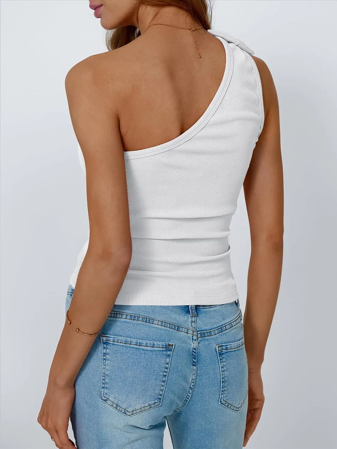AUTOMET Womens Going Out Tops One Off Shoulder Sexy Summer Trendy Clothes Ribbed Tank 2025 Sleeveless Shirts with Cute Bow
