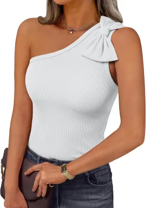AUTOMET Womens Going Out Tops One Off Shoulder Sexy Summer Trendy Clothes Ribbed Tank 2025 Sleeveless Shirts with Cute Bow