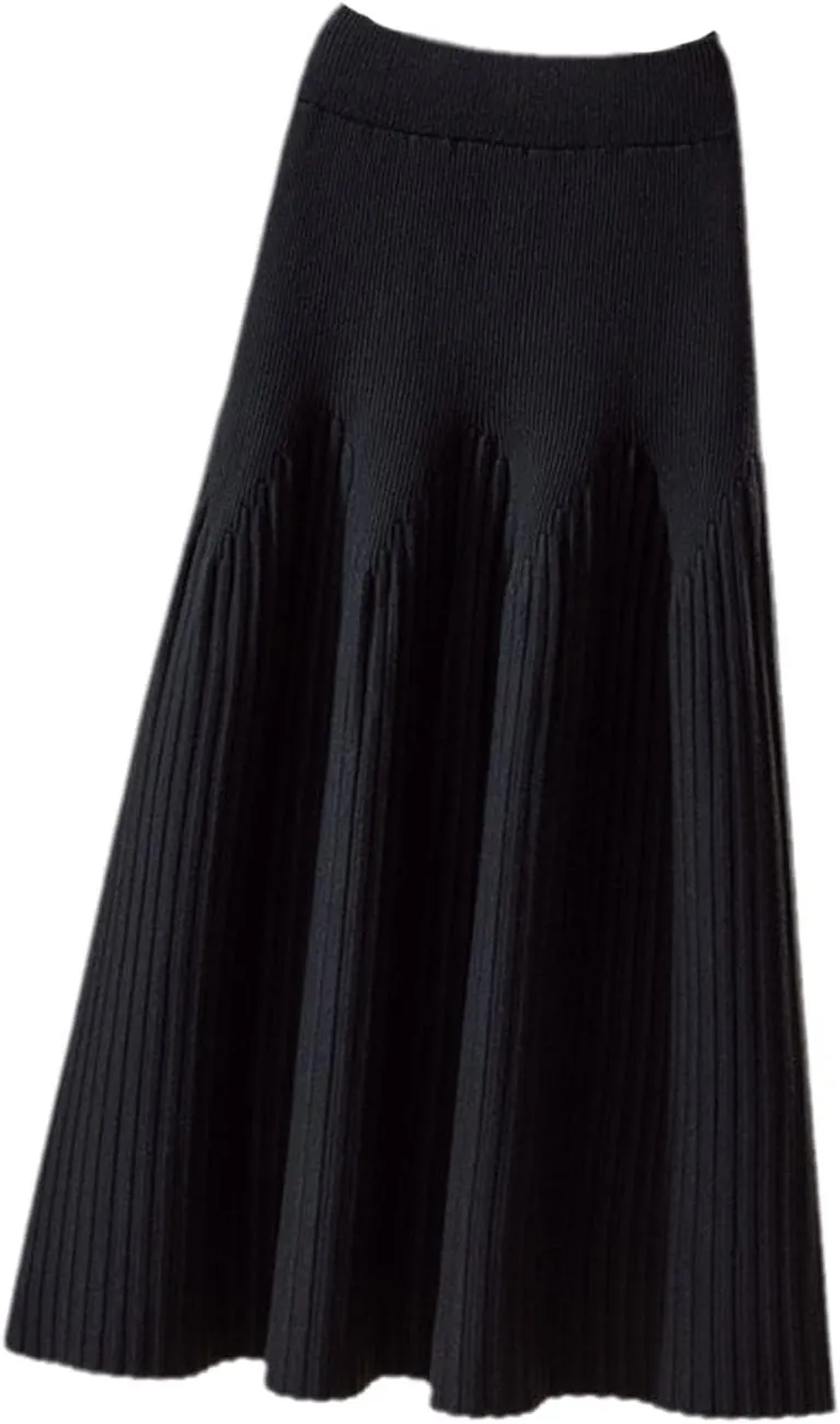 Autumn Winter Knitted Skirt Women Casual Solid All-Match A Line High Waist Pleated Midi Long Skirt