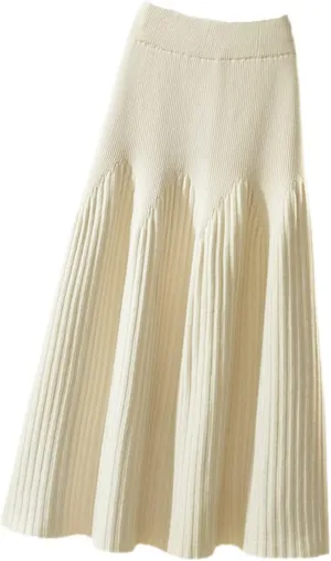 Autumn Winter Knitted Skirt Women Casual Solid All-Match A Line High Waist Pleated Midi Long Skirt