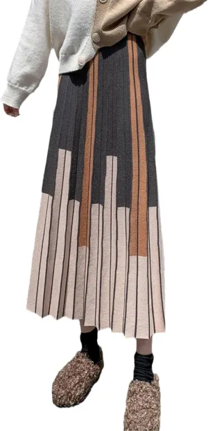 Autumn Winter Women Knitted Midi Skirt Vintage Contrast Striped A Line High Waist Pleated Long Skirt