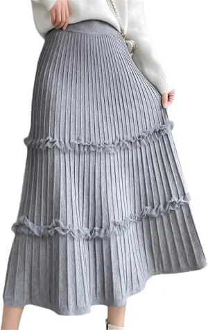 Autumn Winter Women Knitted Skirt Casual Solid Gray A Line High Waist Pleated Midi Long Skirt
