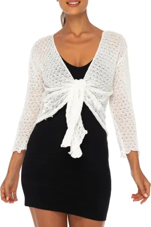 Back From Bali Womens 100% Cotton Shrug Tie Front Cardigan Lightweight Soft Knit 3/4 Sleeve Open Front Sweater