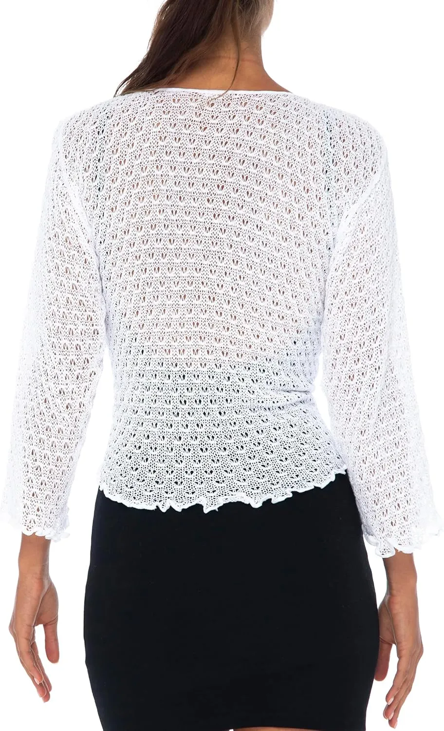 Back From Bali Womens 100% Cotton Shrug Tie Front Cardigan Lightweight Soft Knit 3/4 Sleeve Open Front Sweater