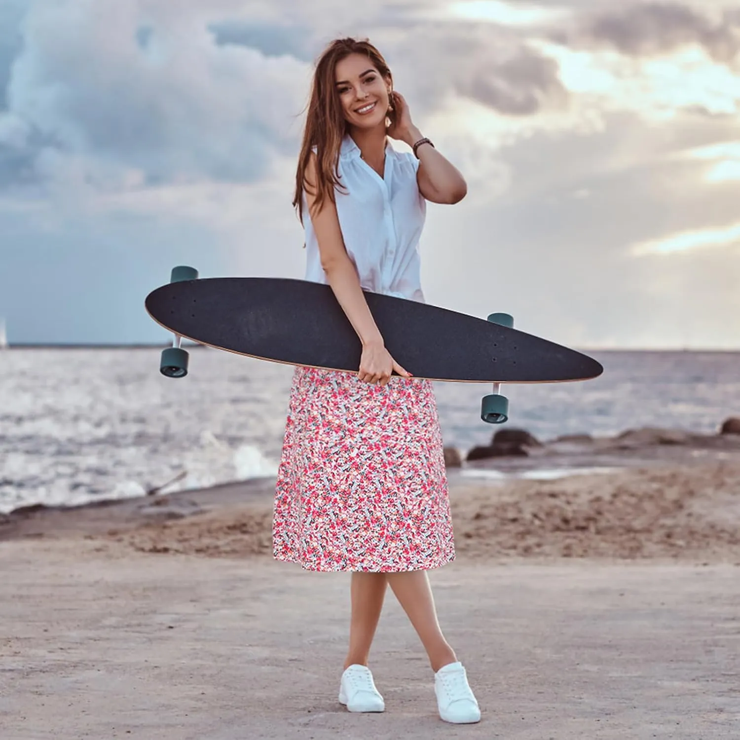 beroy Women 28" Long Skorts for Woman with 2 Pockets Modest Skirt with Shorts Underneath High Waisted Long Skorts