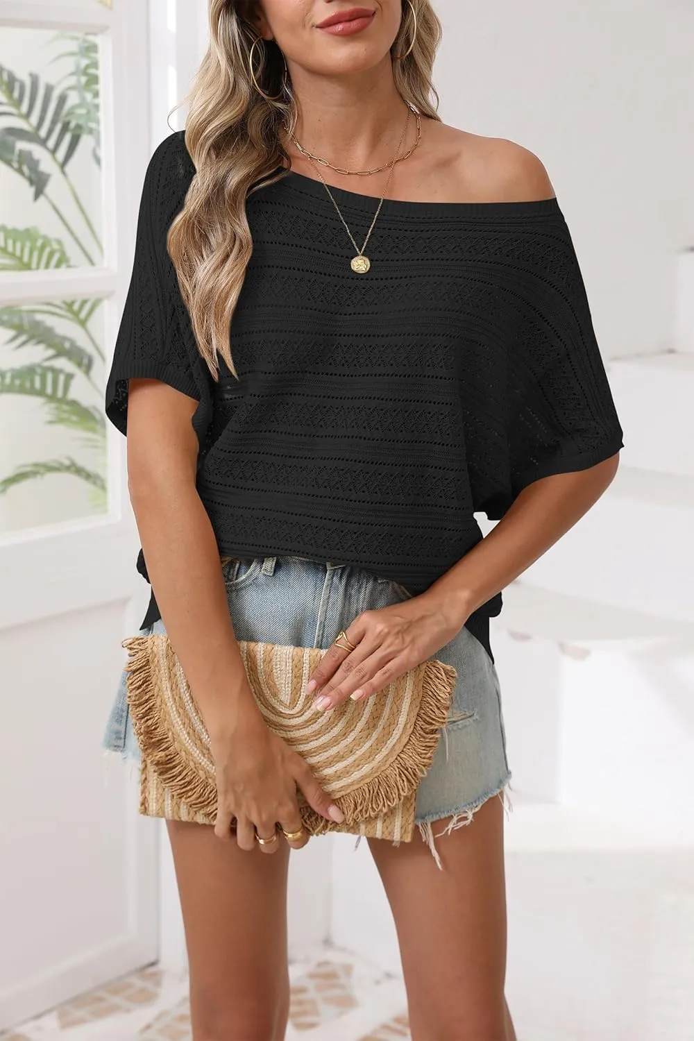Cakulo Summer Off The Shoulder Tops for Women Crochet Short Sleeve Batwing Knit Spring Oversized Sweater Top