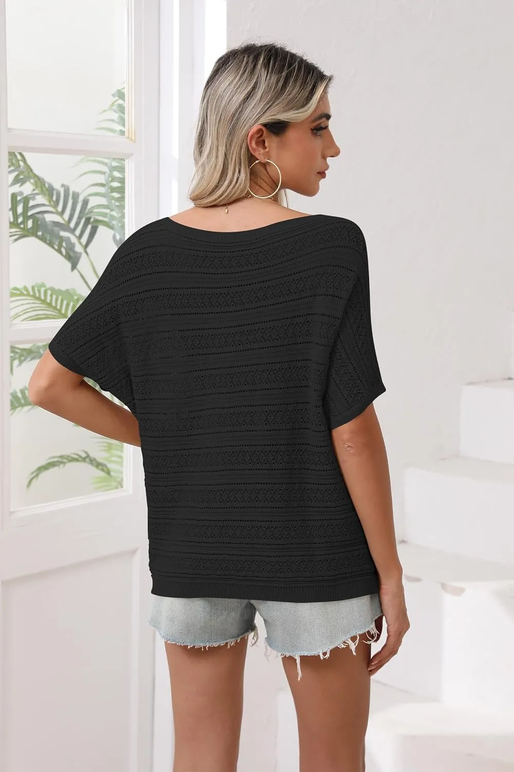 Cakulo Summer Off The Shoulder Tops for Women Crochet Short Sleeve Batwing Knit Spring Oversized Sweater Top