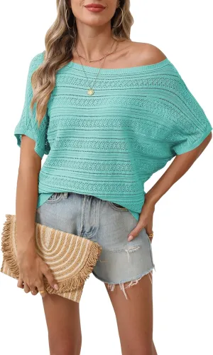 Cakulo Summer Off The Shoulder Tops for Women Crochet Short Sleeve Batwing Knit Spring Oversized Sweater Top