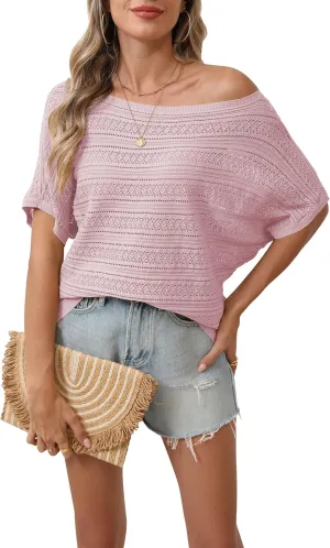 Cakulo Summer Off The Shoulder Tops for Women Crochet Short Sleeve Batwing Knit Spring Oversized Sweater Top