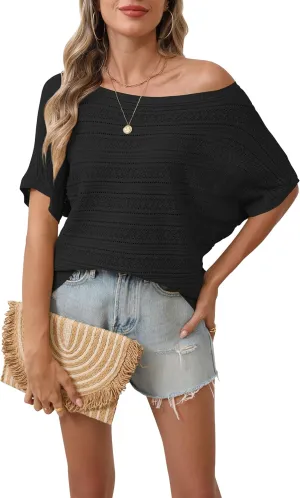 Cakulo Summer Off The Shoulder Tops for Women Crochet Short Sleeve Batwing Knit Spring Oversized Sweater Top