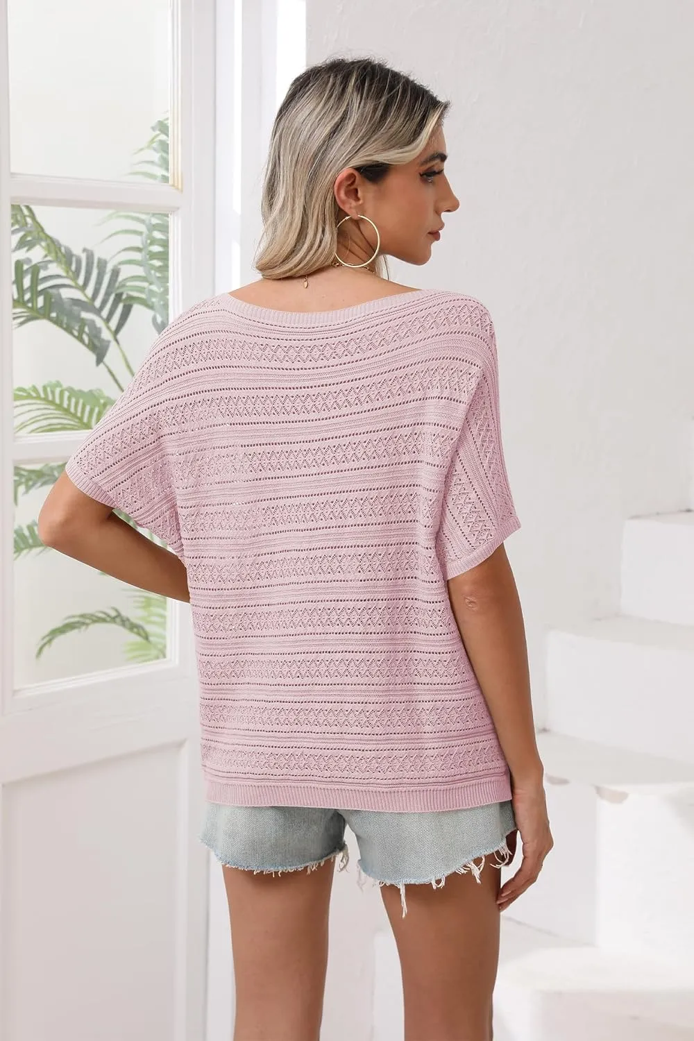 Cakulo Summer Off The Shoulder Tops for Women Crochet Short Sleeve Batwing Knit Spring Oversized Sweater Top