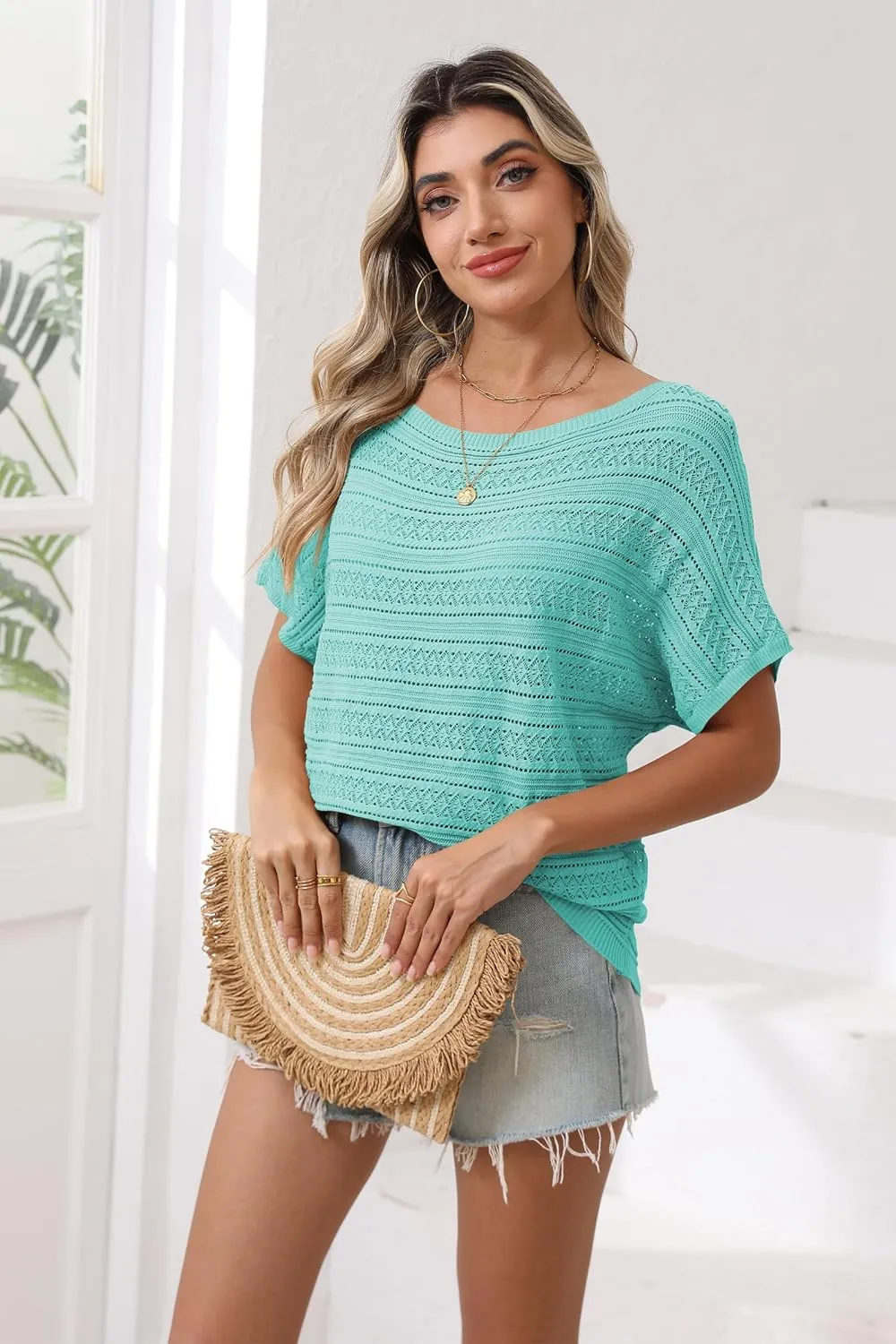 Cakulo Summer Off The Shoulder Tops for Women Crochet Short Sleeve Batwing Knit Spring Oversized Sweater Top
