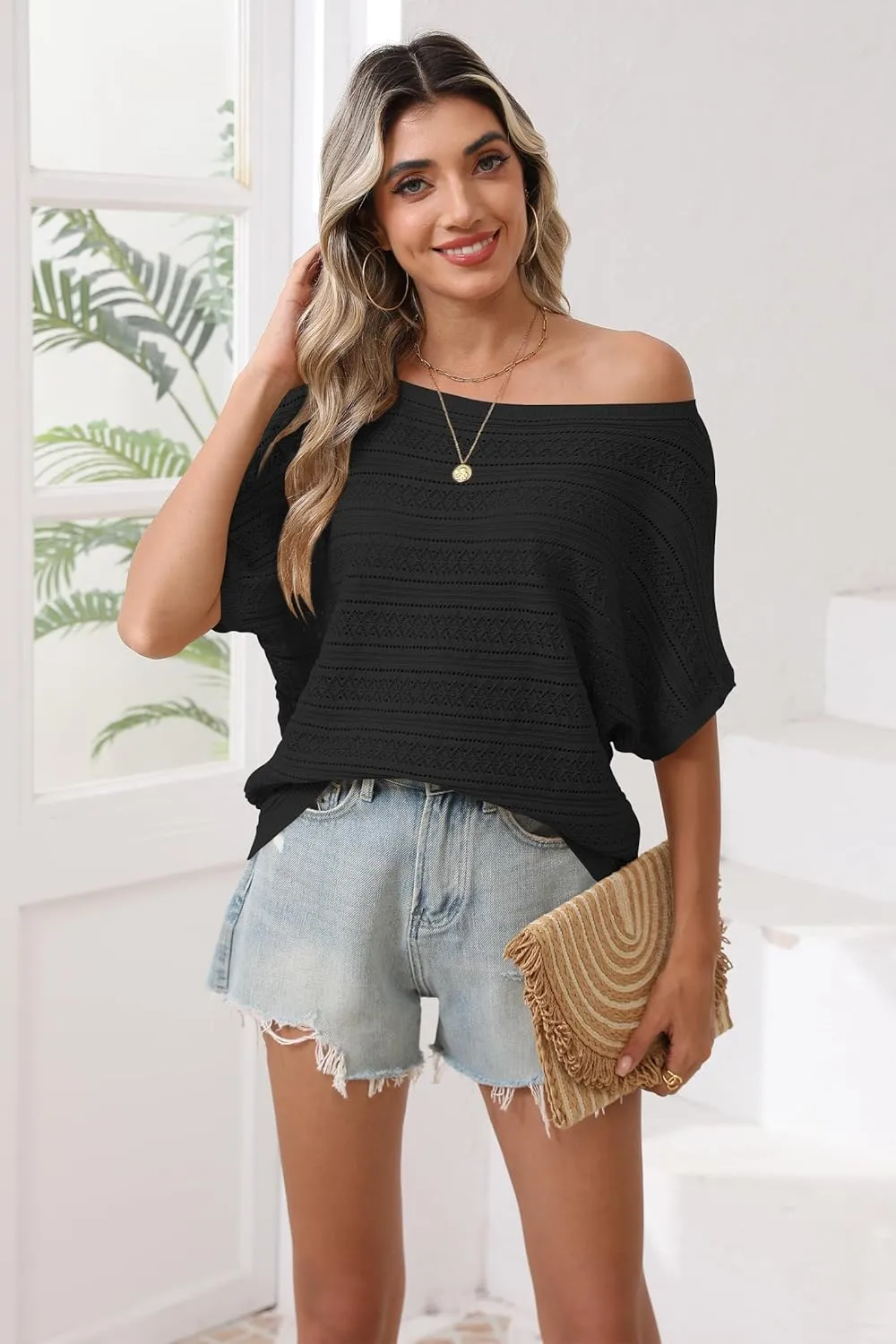 Cakulo Summer Off The Shoulder Tops for Women Crochet Short Sleeve Batwing Knit Spring Oversized Sweater Top