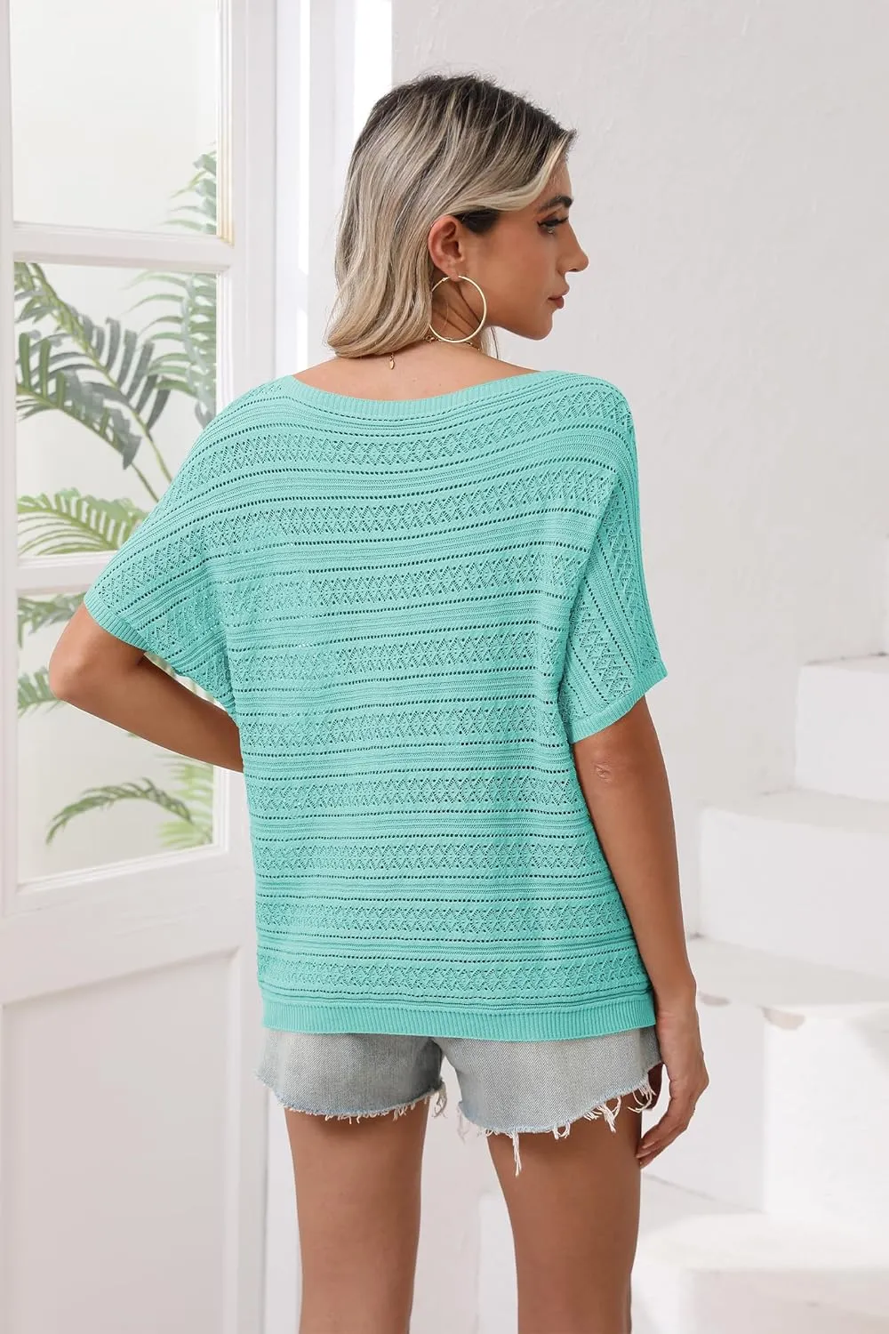 Cakulo Summer Off The Shoulder Tops for Women Crochet Short Sleeve Batwing Knit Spring Oversized Sweater Top