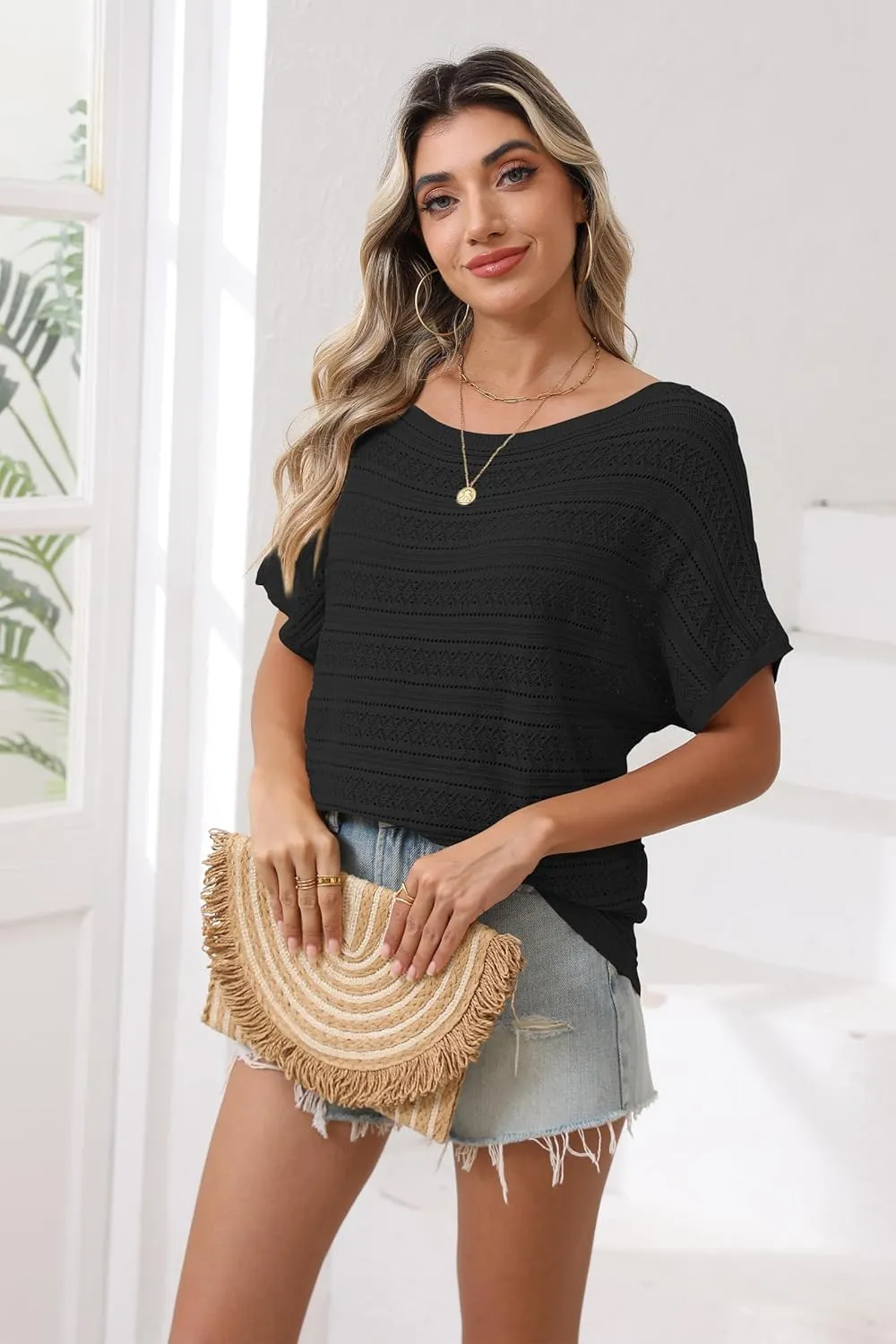 Cakulo Summer Off The Shoulder Tops for Women Crochet Short Sleeve Batwing Knit Spring Oversized Sweater Top
