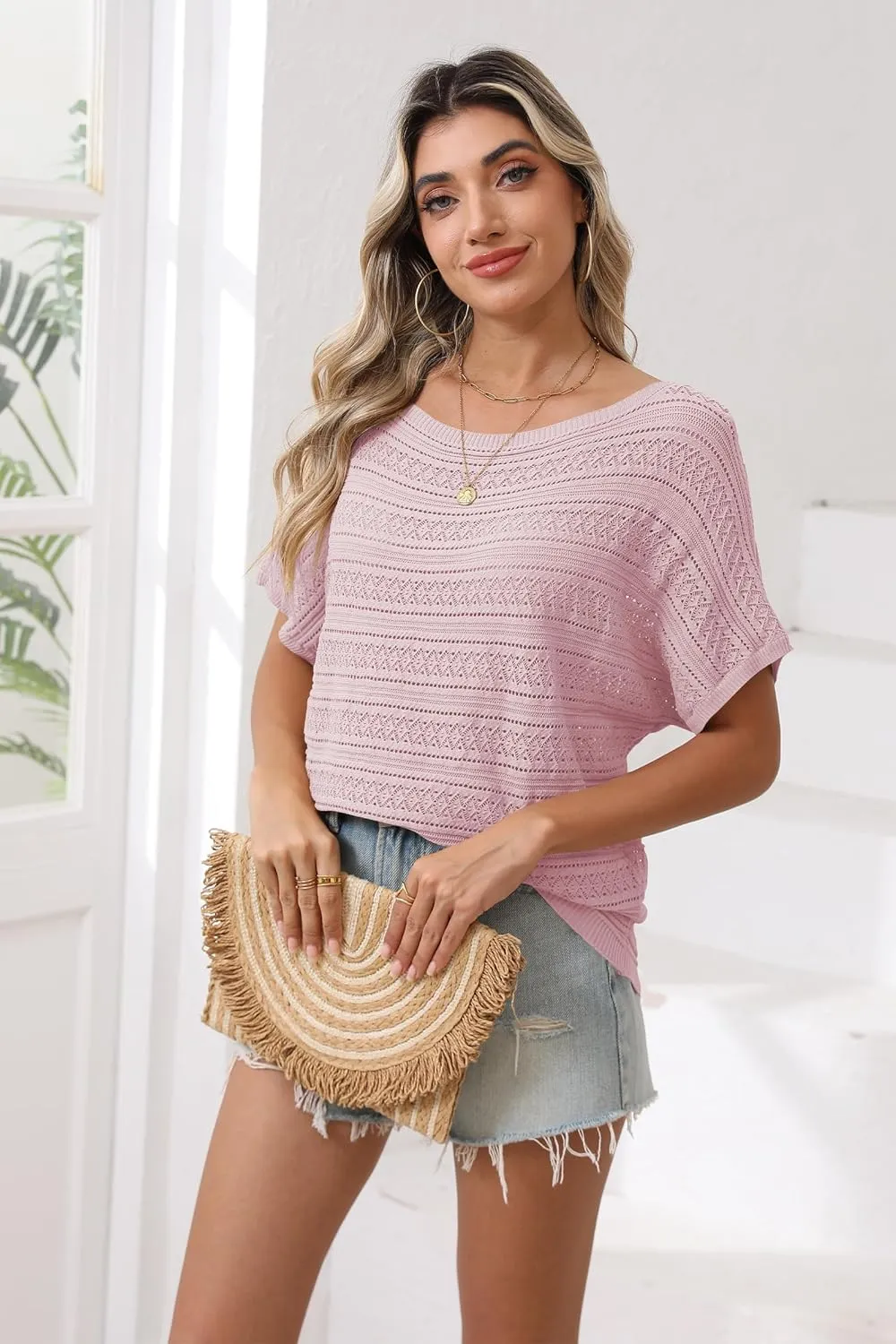 Cakulo Summer Off The Shoulder Tops for Women Crochet Short Sleeve Batwing Knit Spring Oversized Sweater Top