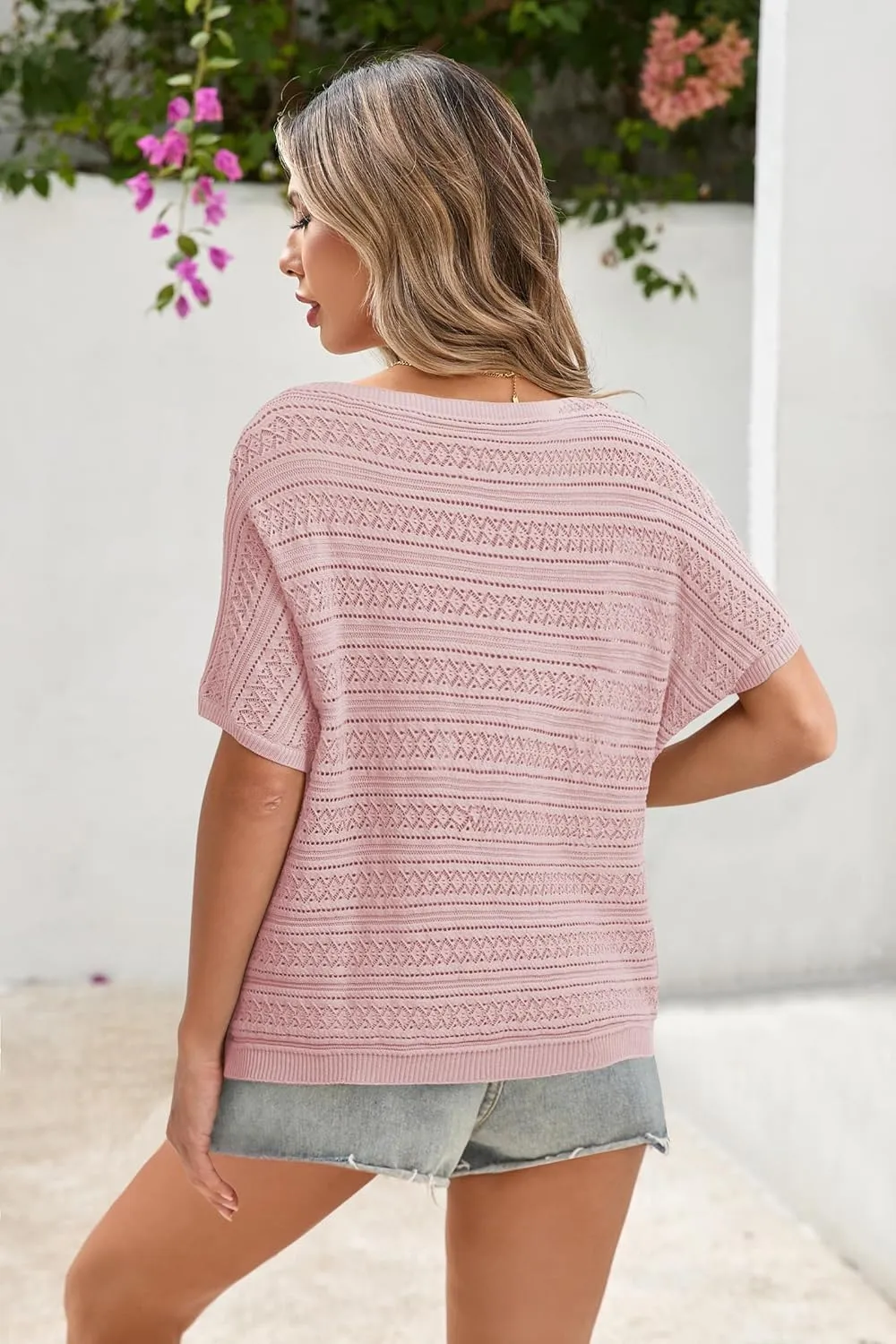 Cakulo Womens Summer Crochet Tops Hollow Out Off The Shoulder Short Sleeve Batwing Knit Spring Sweater Top 2025