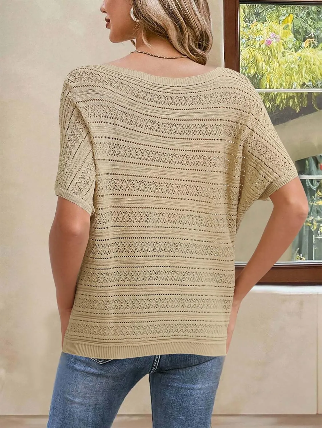 Cakulo Womens Summer Crochet Tops Hollow Out Off The Shoulder Short Sleeve Batwing Knit Spring Sweater Top 2025