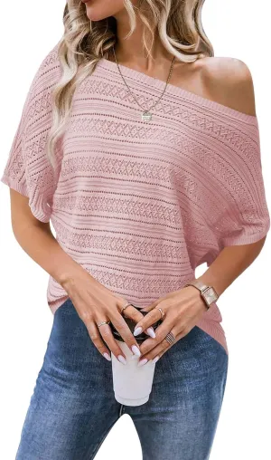 Cakulo Womens Summer Crochet Tops Hollow Out Off The Shoulder Short Sleeve Batwing Knit Spring Sweater Top 2025