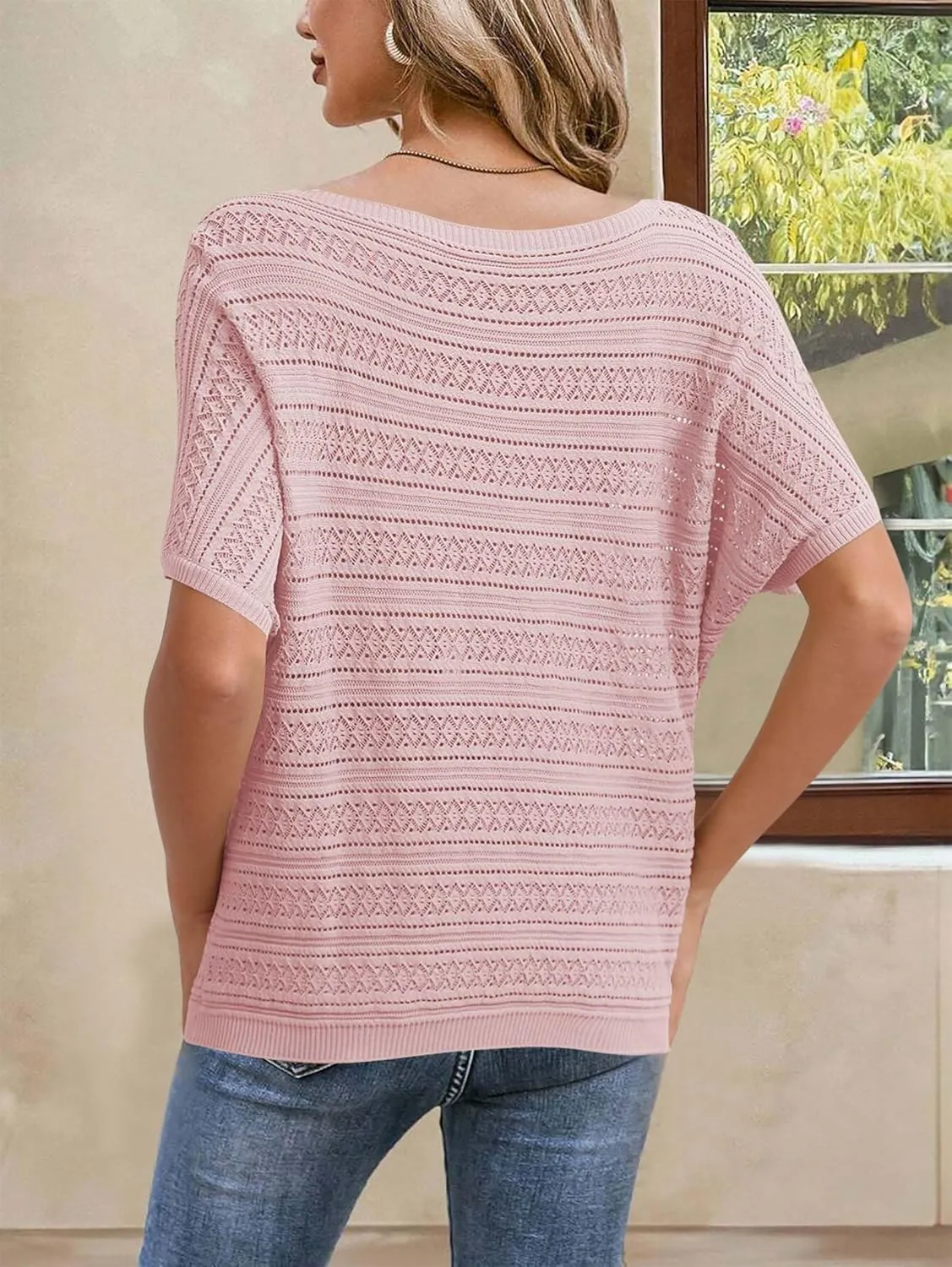 Cakulo Womens Summer Crochet Tops Hollow Out Off The Shoulder Short Sleeve Batwing Knit Spring Sweater Top 2025