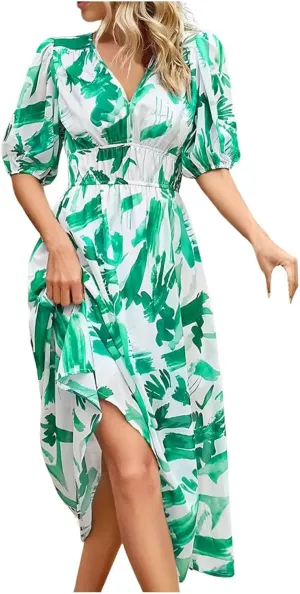 Casual Floral Print Dress V Neck Tie Shoulder Sleeveless Mini Dresses Ruffle Hem Beach Dress for Women and Girl