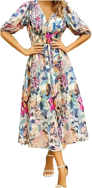 Casual Floral Print Dress V Neck Tie Shoulder Sleeveless Mini Dresses Ruffle Hem Beach Dress for Women and Girl