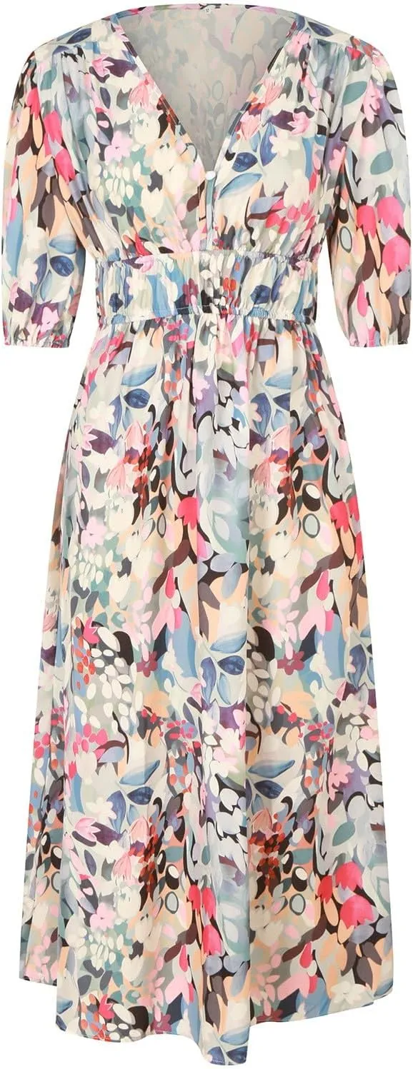 Casual Floral Print Dress V Neck Tie Shoulder Sleeveless Mini Dresses Ruffle Hem Beach Dress for Women and Girl