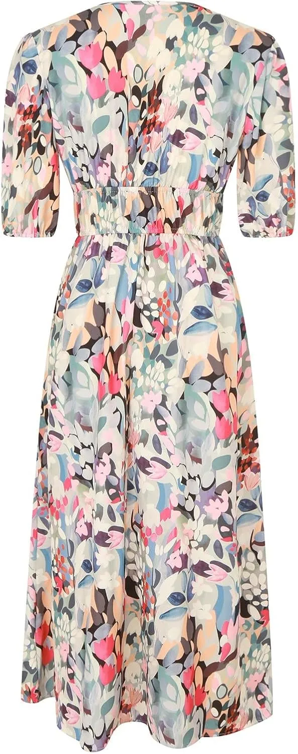 Casual Floral Print Dress V Neck Tie Shoulder Sleeveless Mini Dresses Ruffle Hem Beach Dress for Women and Girl