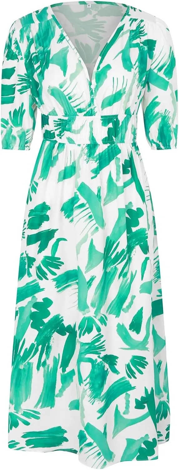 Casual Floral Print Dress V Neck Tie Shoulder Sleeveless Mini Dresses Ruffle Hem Beach Dress for Women and Girl