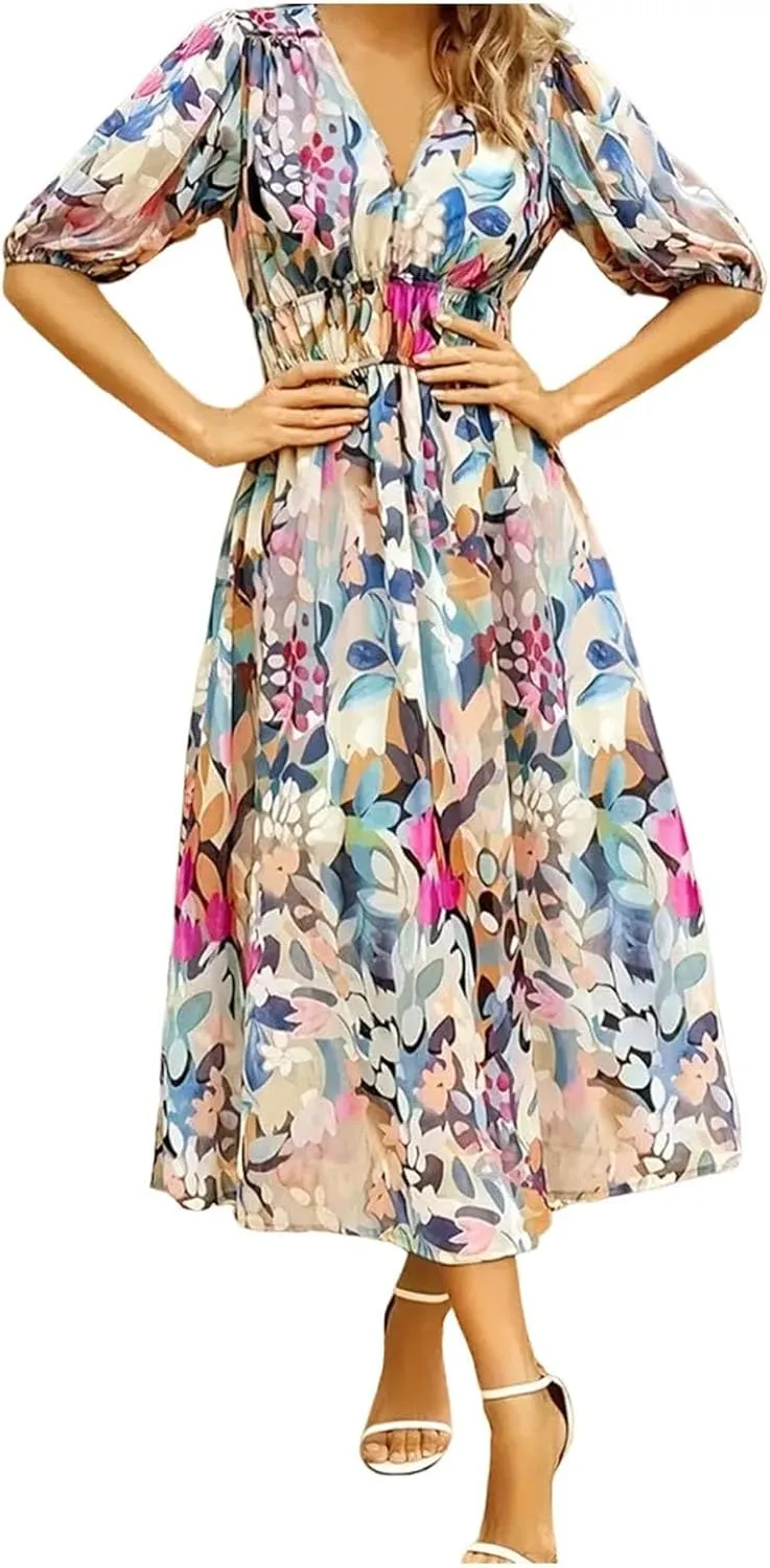 Casual Floral Print Dress V Neck Tie Shoulder Sleeveless Mini Dresses Ruffle Hem Beach Dress for Women and Girl