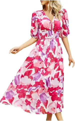 Casual Floral Print Dress V Neck Tie Shoulder Sleeveless Mini Dresses Ruffle Hem Beach Dress for Women and Girl