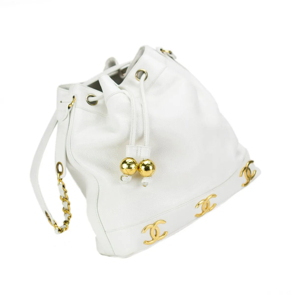 Chanel White Caviar Bucket Tote Bag
