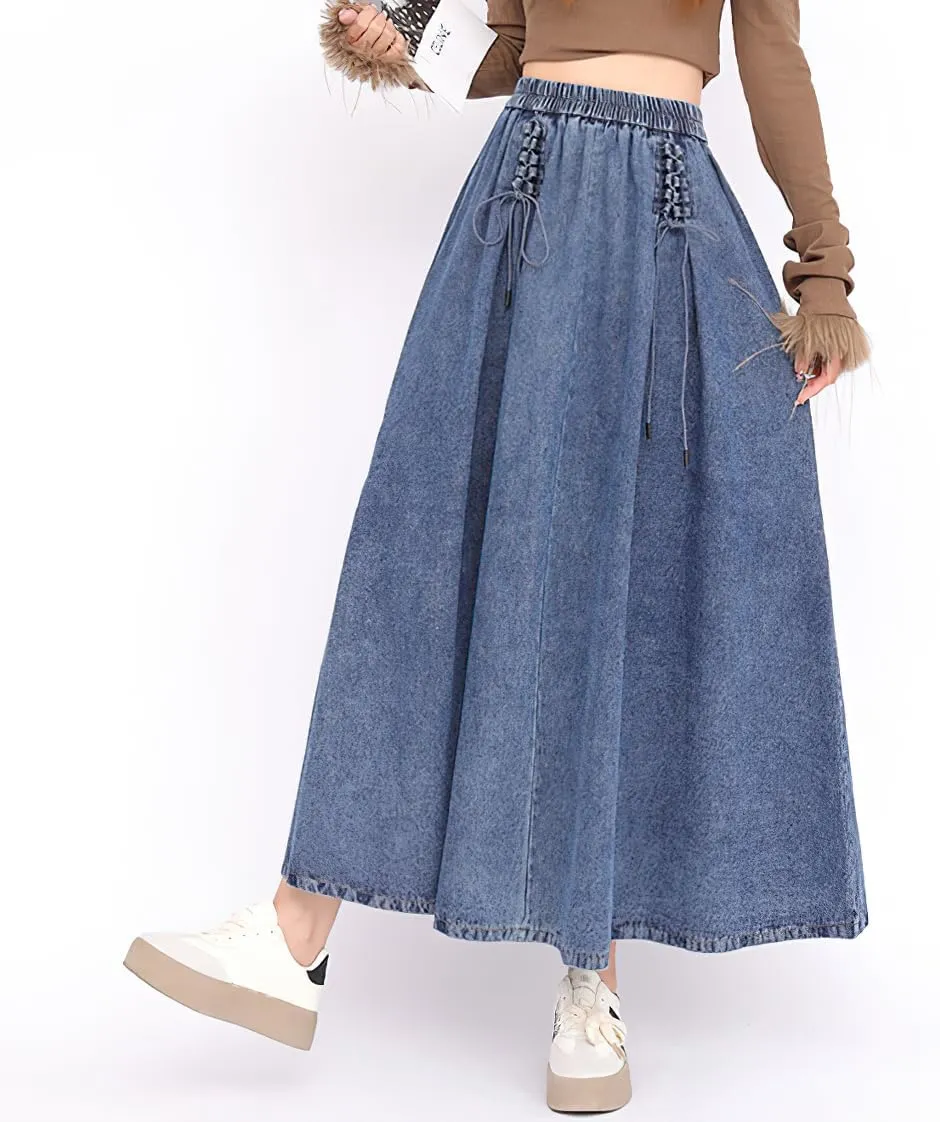 chouyatou Women's Bowknot Elastic High Waist Jean Skirt Frayed A Line Flared Long Maxi Denim Skirt