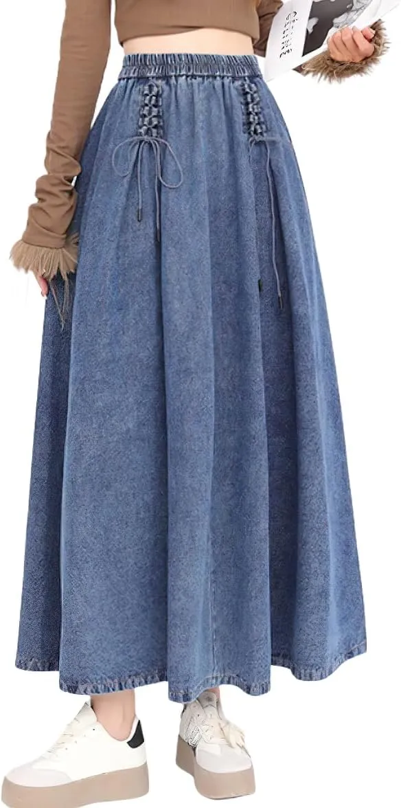 chouyatou Women's Bowknot Elastic High Waist Jean Skirt Frayed A Line Flared Long Maxi Denim Skirt