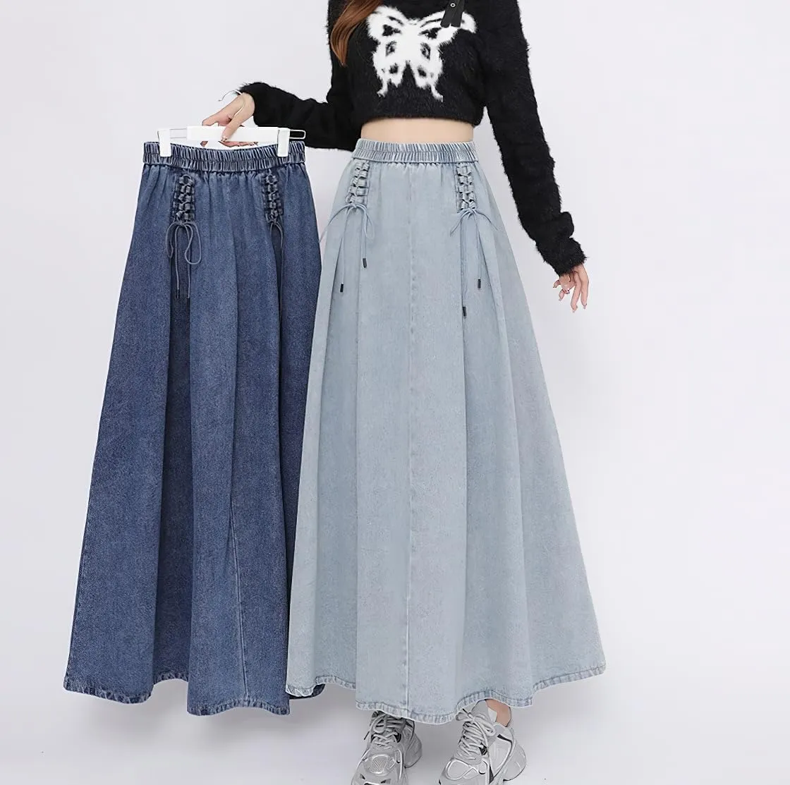 chouyatou Women's Bowknot Elastic High Waist Jean Skirt Frayed A Line Flared Long Maxi Denim Skirt