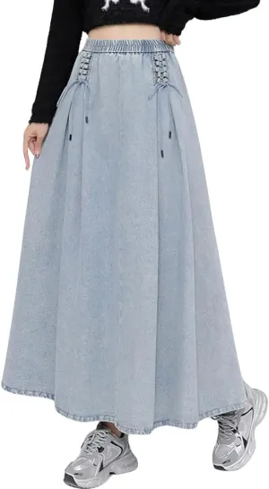 chouyatou Women's Bowknot Elastic High Waist Jean Skirt Frayed A Line Flared Long Maxi Denim Skirt