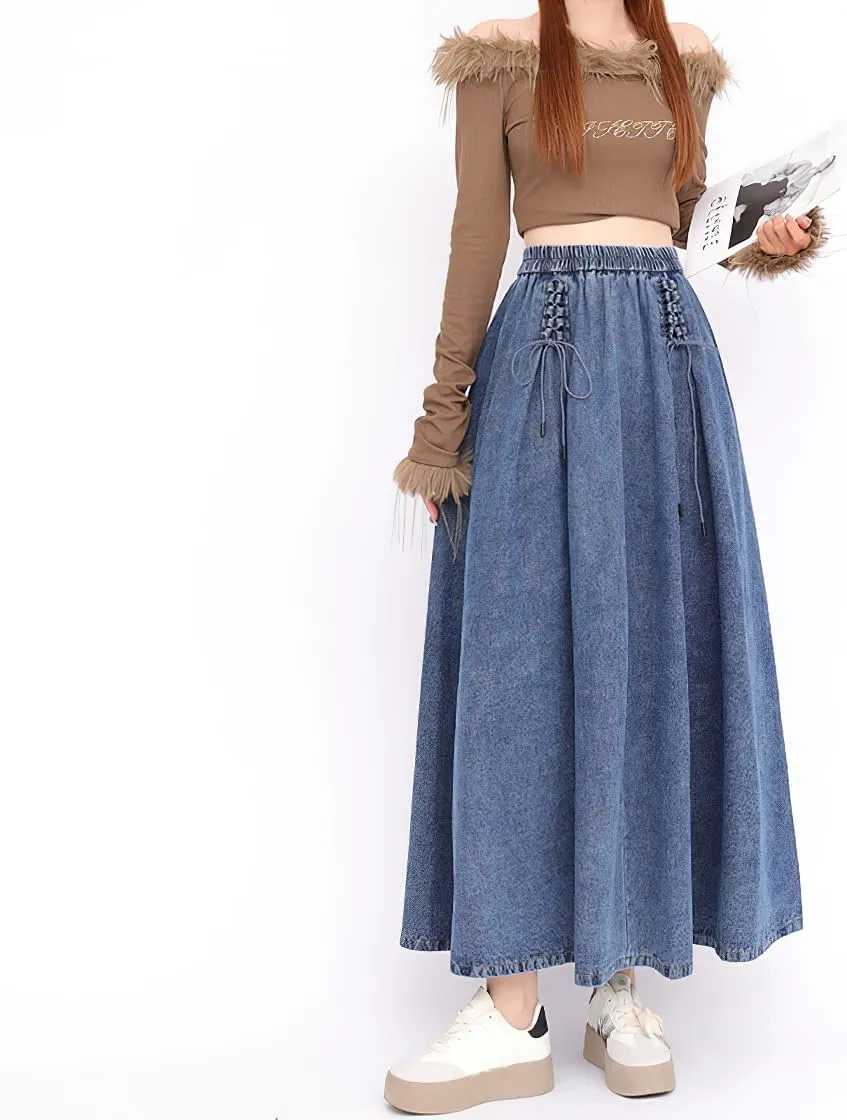 chouyatou Women's Bowknot Elastic High Waist Jean Skirt Frayed A Line Flared Long Maxi Denim Skirt