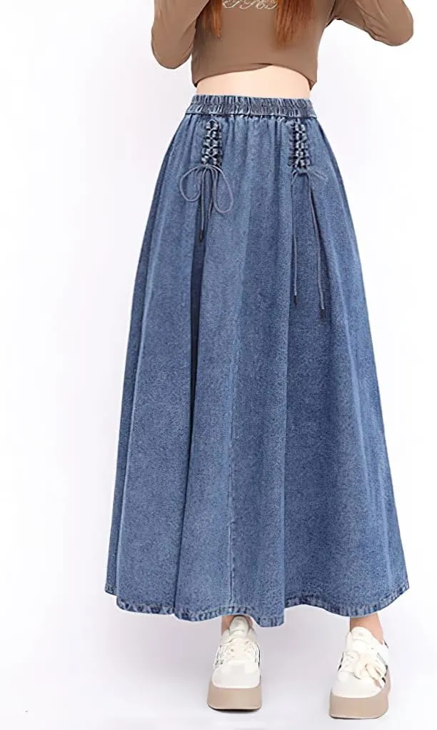 chouyatou Women's Bowknot Elastic High Waist Jean Skirt Frayed A Line Flared Long Maxi Denim Skirt