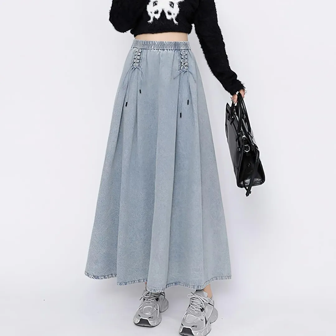 chouyatou Women's Bowknot Elastic High Waist Jean Skirt Frayed A Line Flared Long Maxi Denim Skirt