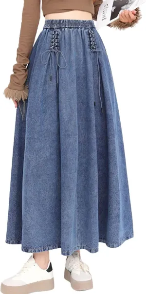 chouyatou Women's Bowknot Elastic High Waist Jean Skirt Frayed A Line Flared Long Maxi Denim Skirt