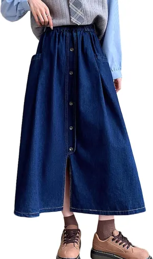 chouyatou Women's Cute Elastic High Waist Jean Skirt Pleated A Line Long Midi Flare Denim Skirt with Pocket
