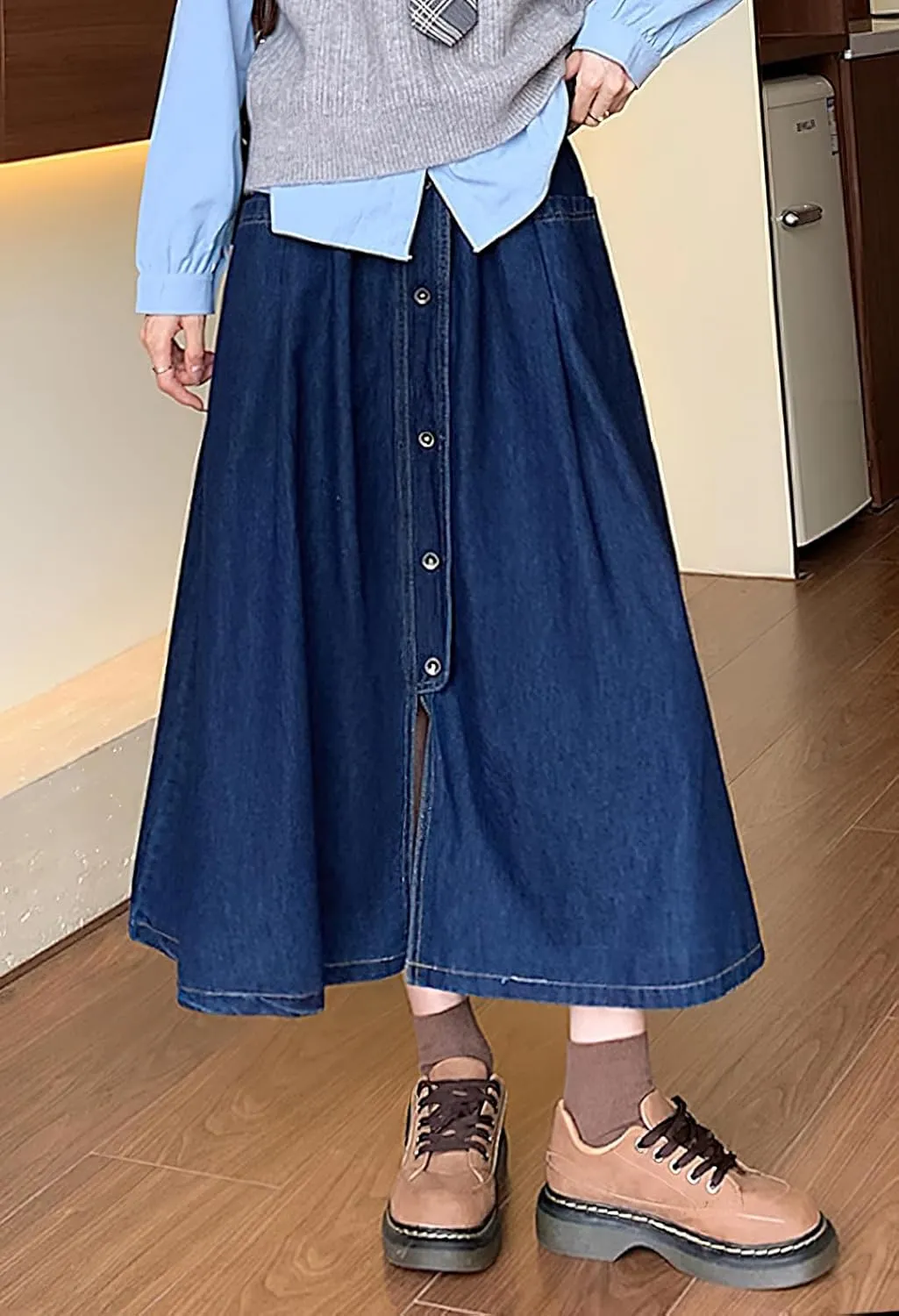 chouyatou Women's Cute Elastic High Waist Jean Skirt Pleated A Line Long Midi Flare Denim Skirt with Pocket