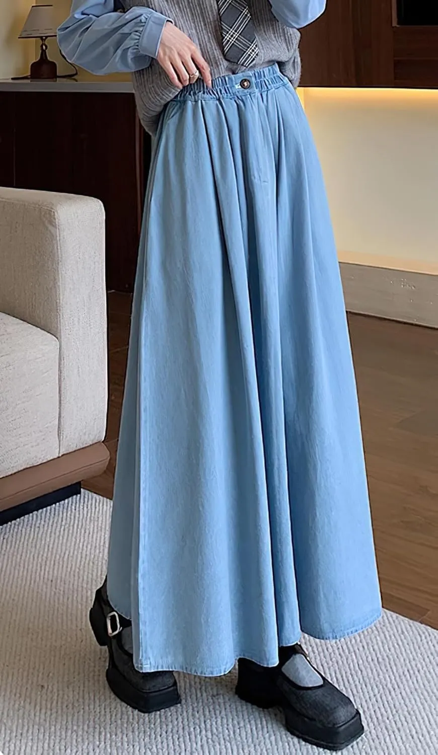 chouyatou Women's Cute Elastic High Waist Jean Skirt Pleated A Line Long Midi Flare Denim Skirt with Pocket