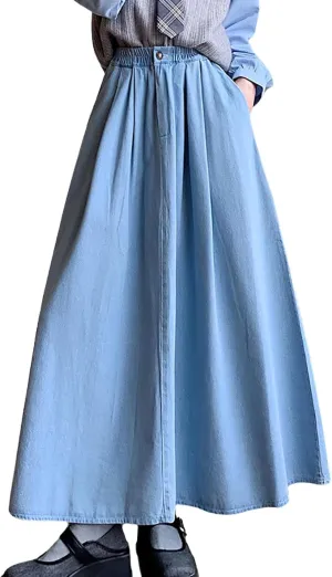 chouyatou Women's Cute Elastic High Waist Jean Skirt Pleated A Line Long Midi Flare Denim Skirt with Pocket