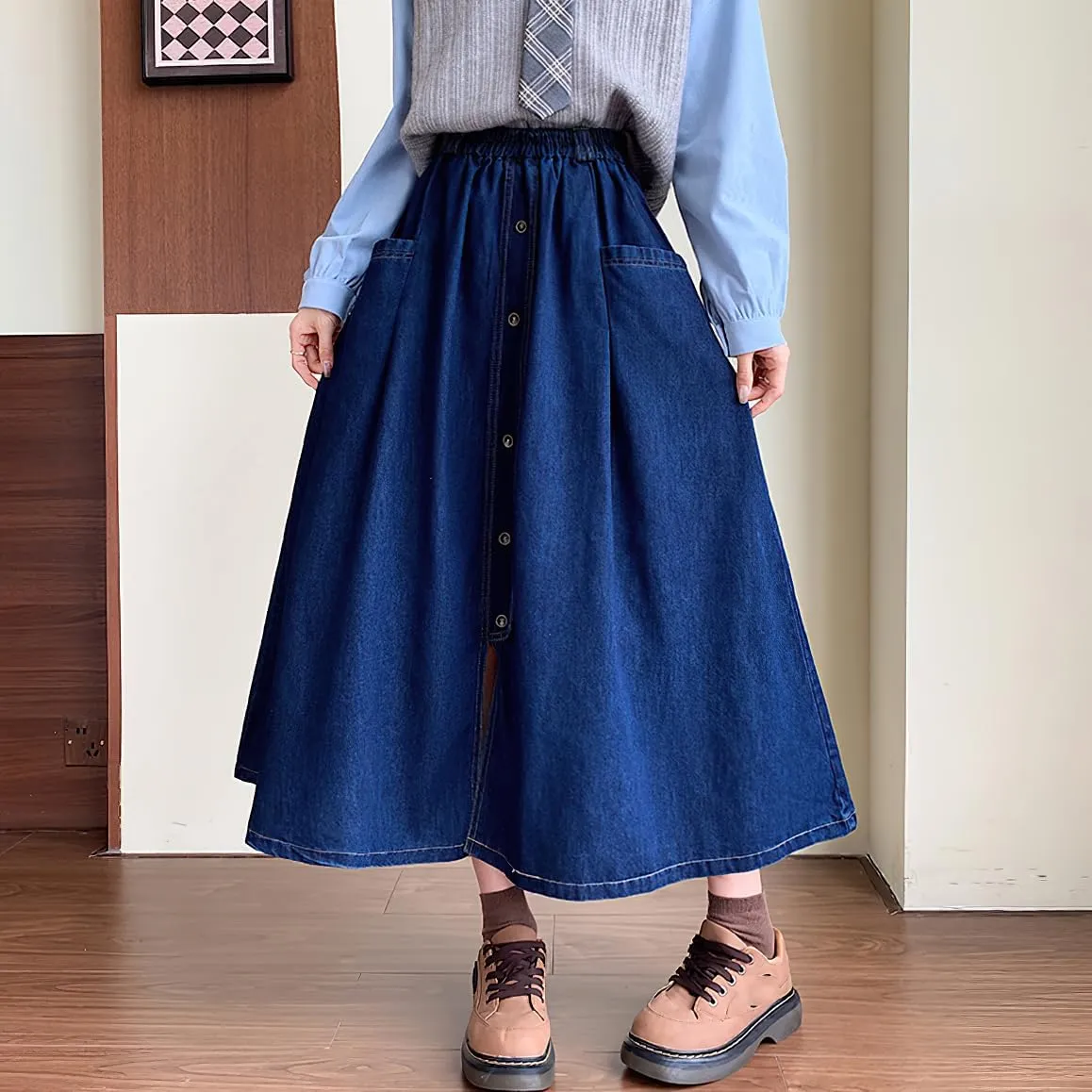 chouyatou Women's Cute Elastic High Waist Jean Skirt Pleated A Line Long Midi Flare Denim Skirt with Pocket