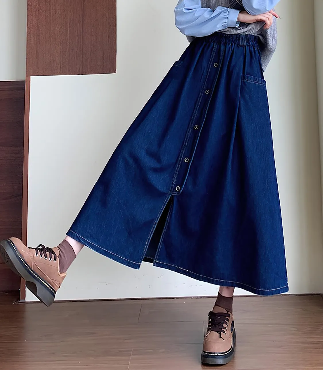 chouyatou Women's Cute Elastic High Waist Jean Skirt Pleated A Line Long Midi Flare Denim Skirt with Pocket