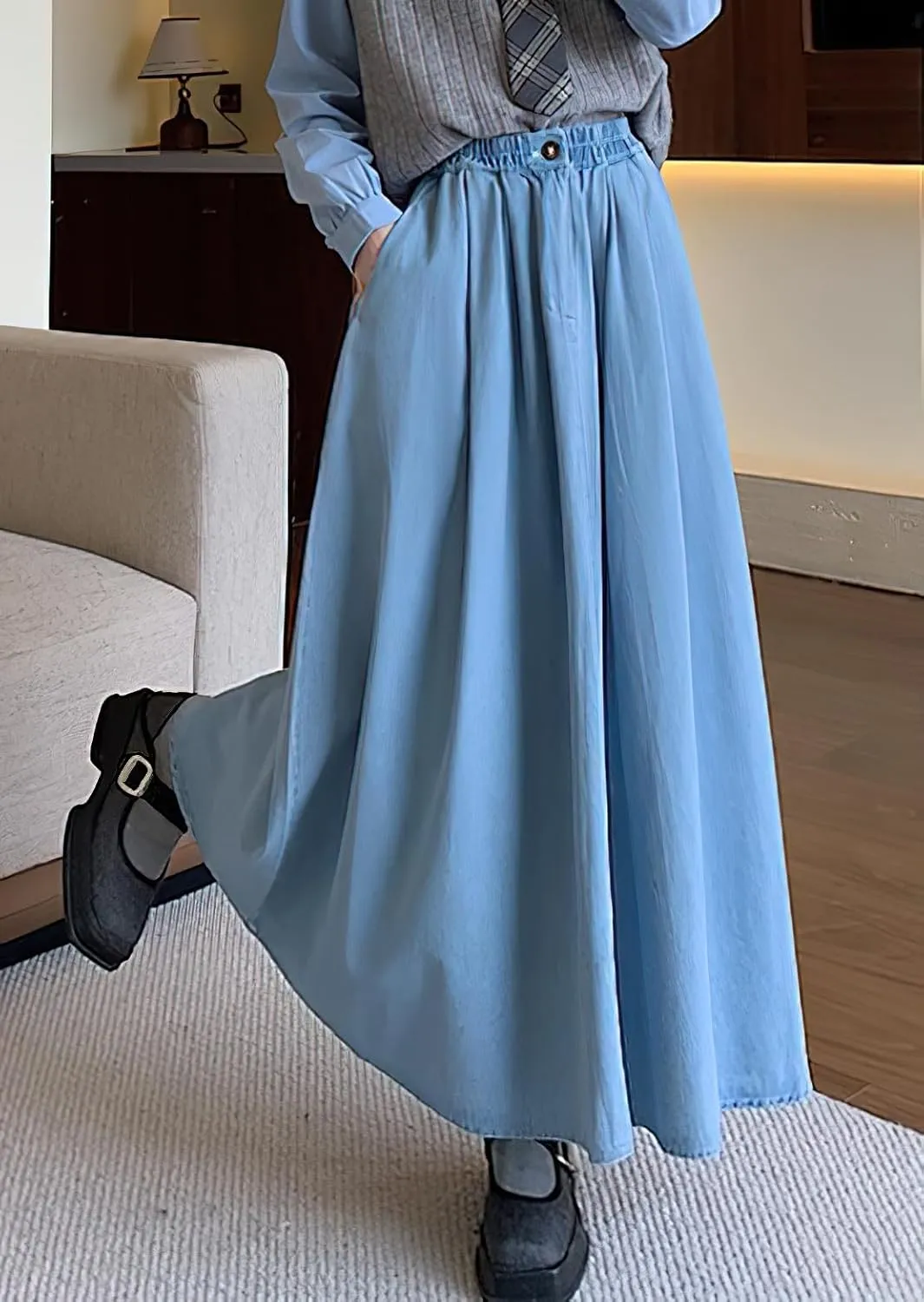 chouyatou Women's Cute Elastic High Waist Jean Skirt Pleated A Line Long Midi Flare Denim Skirt with Pocket
