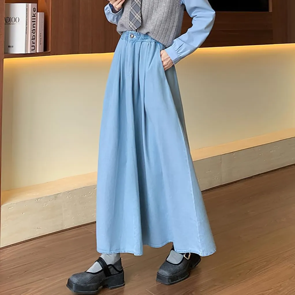 chouyatou Women's Cute Elastic High Waist Jean Skirt Pleated A Line Long Midi Flare Denim Skirt with Pocket