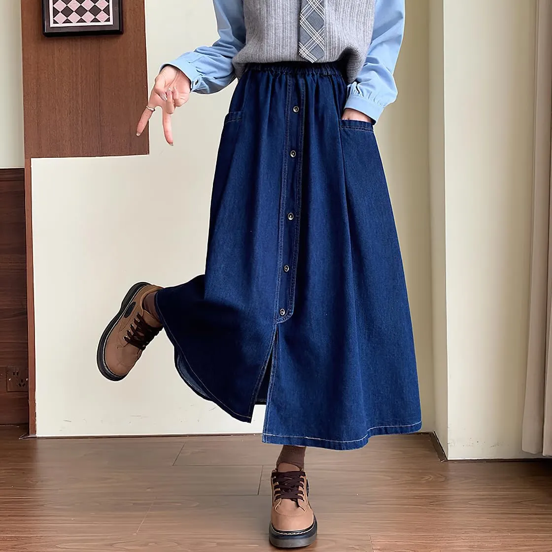 chouyatou Women's Cute Elastic High Waist Jean Skirt Pleated A Line Long Midi Flare Denim Skirt with Pocket